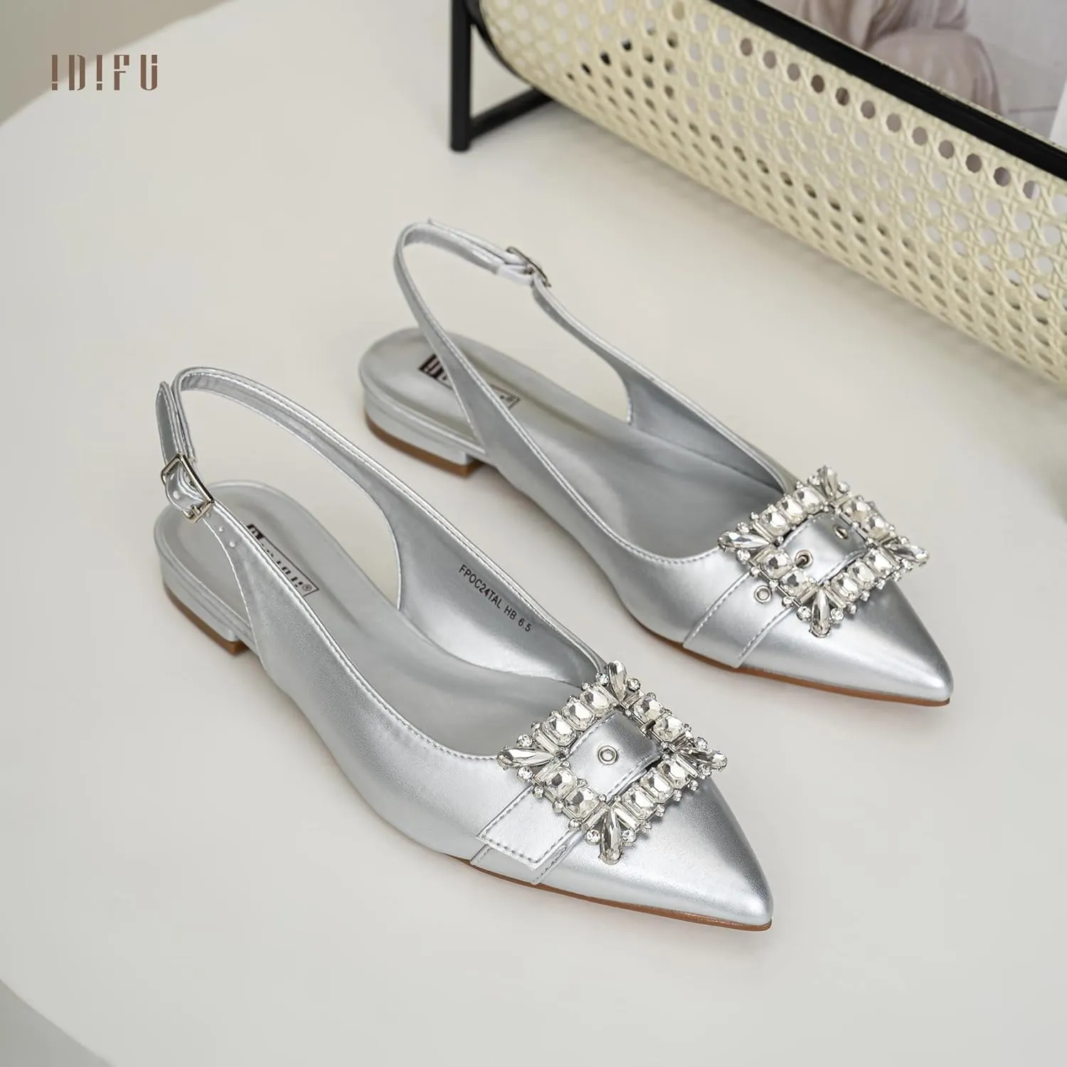 IDIFU Slingback Flats for Women Pointed Toe Rhinestone Buckle Flats for Women Dressy Casual Fashion Comfortable Sexy Work Office Daily Wedding Party Bridal Dress Shoes for Women
