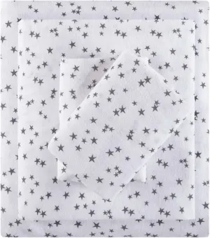 Intelligent Design Cozy Soft 100% Cotton Flannel Print Animals Stars Cute Warm, Ultra Soft Cold Weather Sheet Set Bedding, Twin XL, Grey Stars 3 Piece