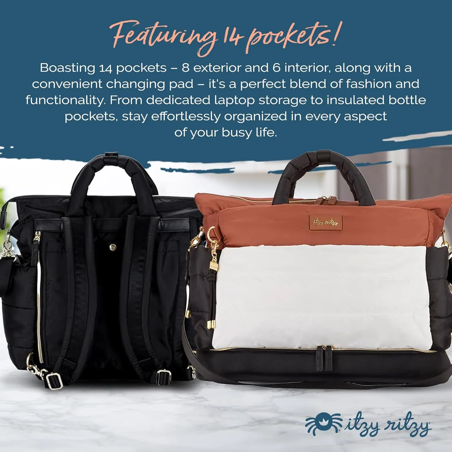 Itzy Ritzy Dream Convertible Diaper Bag Tote Backpack - Baby Diaper Bag with 14 Pockets, Changing Pad & More (Coffee & Cream)