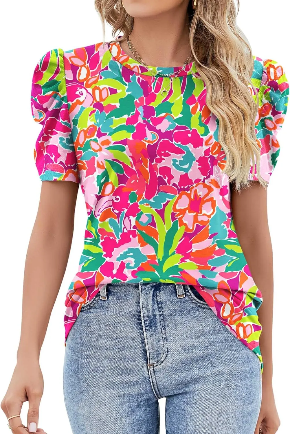Ivicoer Puff Short Sleeve Shirt for Women Eyelet Tops Summer Crewneck Blouse Loose Fit S-XXL