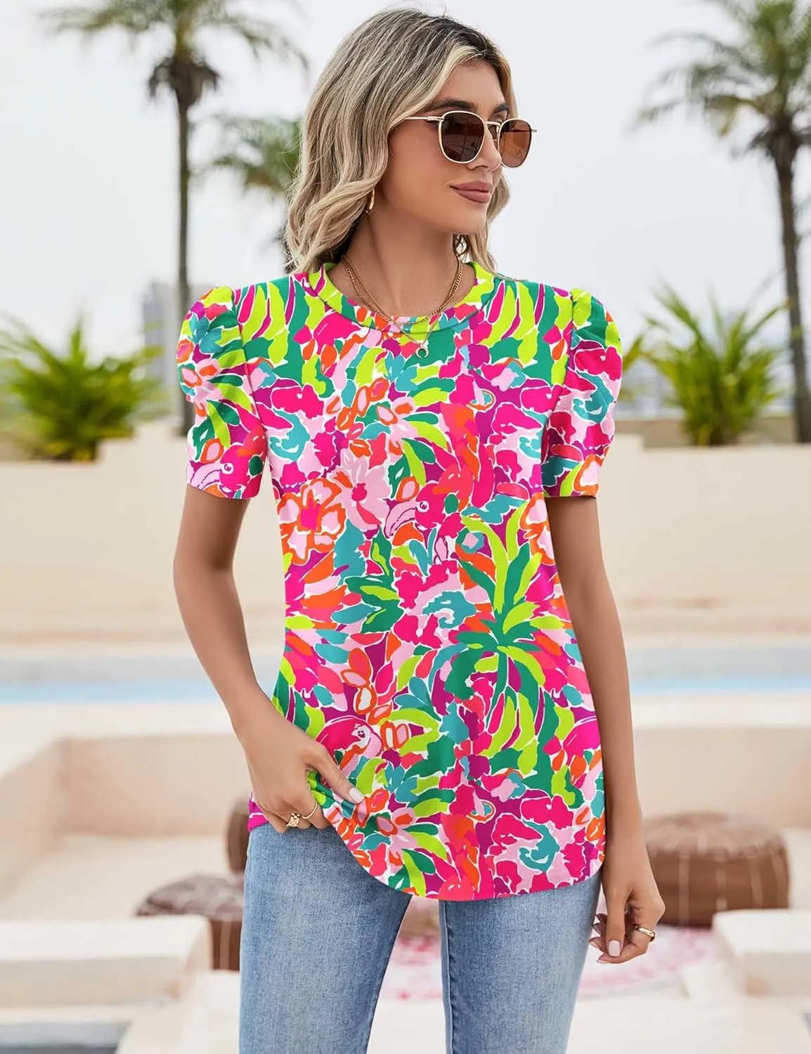 Ivicoer Puff Short Sleeve Shirt for Women Eyelet Tops Summer Crewneck Blouse Loose Fit S-XXL
