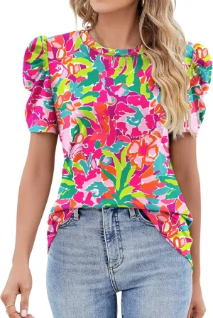 Ivicoer Puff Short Sleeve Shirt for Women Eyelet Tops Summer Crewneck Blouse Loose Fit S-XXL