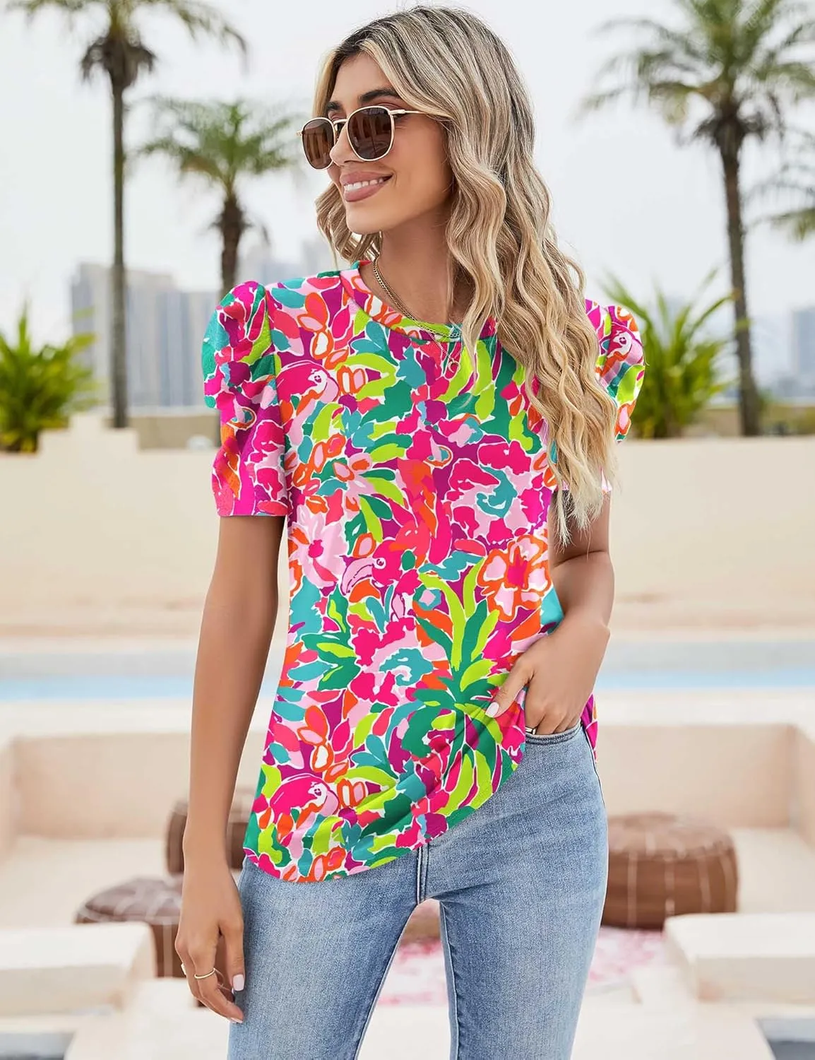 Ivicoer Puff Short Sleeve Shirt for Women Eyelet Tops Summer Crewneck Blouse Loose Fit S-XXL
