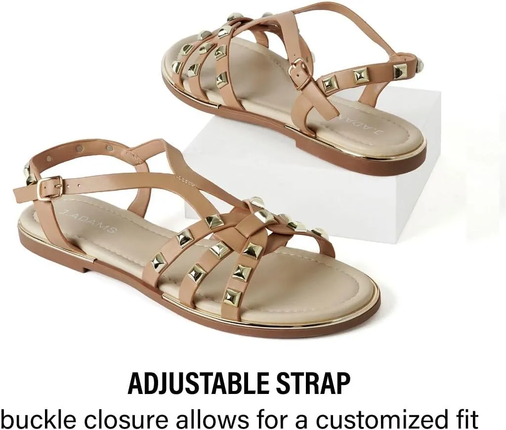 J. Adams Women's Strappy Flat Sandals with Gold Studs – Comfortable and Stylish Summer Footwear