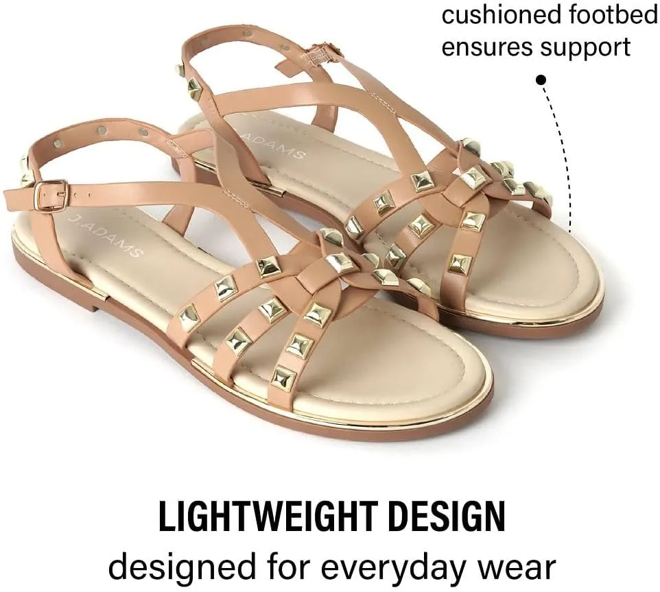 J. Adams Women's Strappy Flat Sandals with Gold Studs – Comfortable and Stylish Summer Footwear