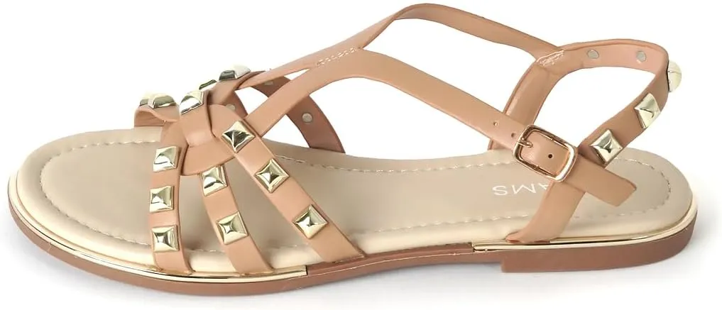 J. Adams Women's Strappy Flat Sandals with Gold Studs – Comfortable and Stylish Summer Footwear