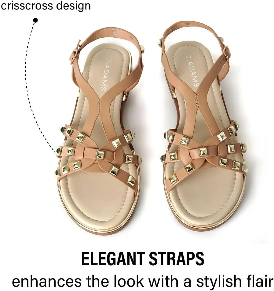 J. Adams Women's Strappy Flat Sandals with Gold Studs – Comfortable and Stylish Summer Footwear