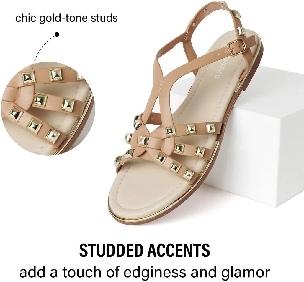 J. Adams Women's Strappy Flat Sandals with Gold Studs – Comfortable and Stylish Summer Footwear