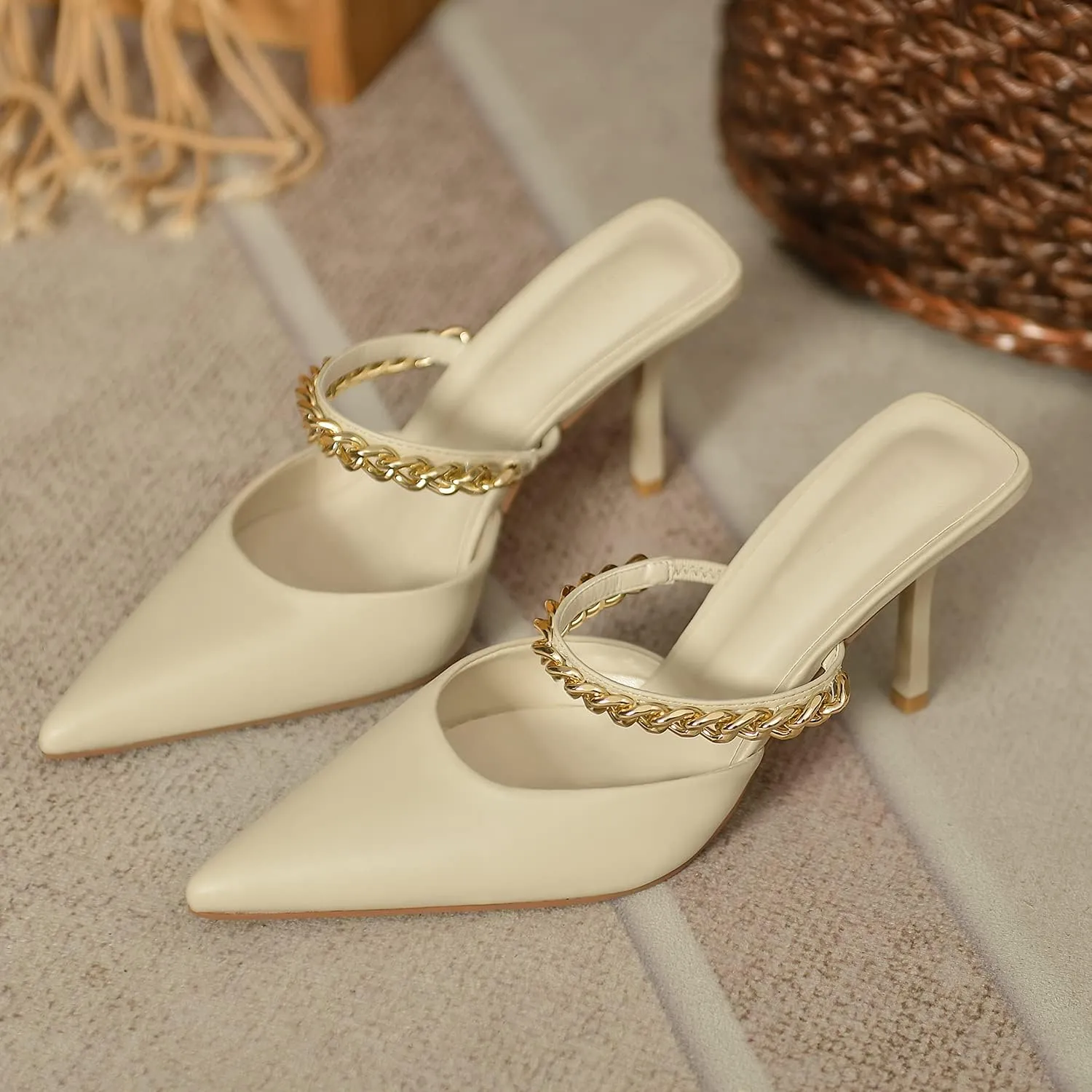 Jeesay Women's Pointed Toe Mules Stilettos Heels Sandals Slip on Gold Chains Mary Jane Dress Pumps