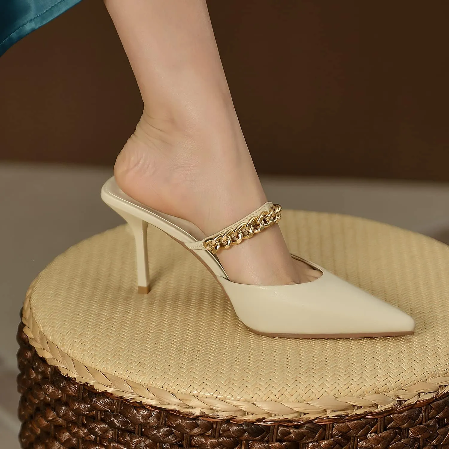 Jeesay Women's Pointed Toe Mules Stilettos Heels Sandals Slip on Gold Chains Mary Jane Dress Pumps