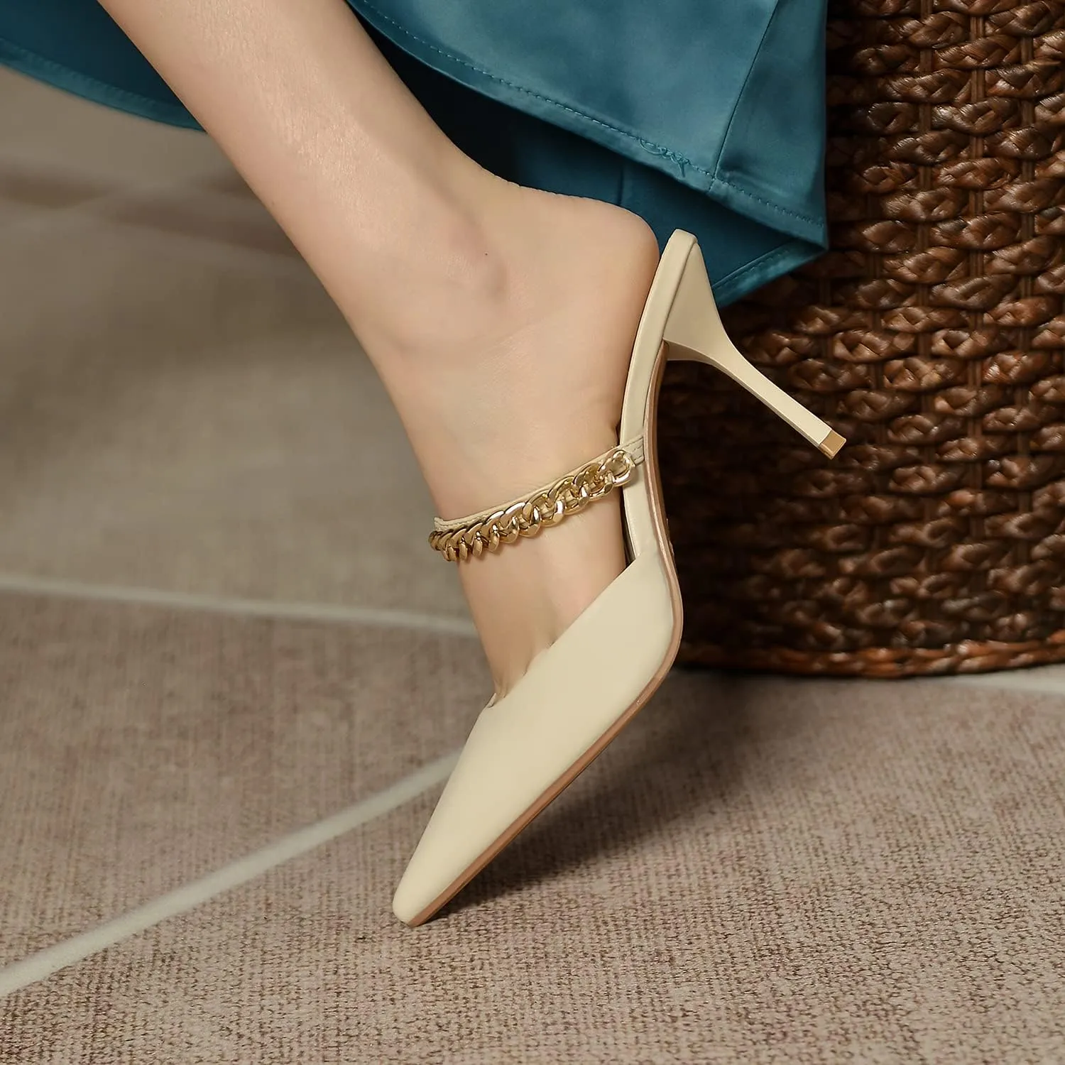 Jeesay Women's Pointed Toe Mules Stilettos Heels Sandals Slip on Gold Chains Mary Jane Dress Pumps