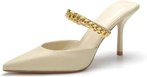 Jeesay Women's Pointed Toe Mules Stilettos Heels Sandals Slip on Gold Chains Mary Jane Dress Pumps