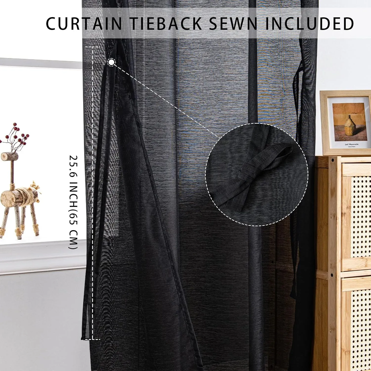 JIUZHEN Black Sheer Curtains 84 Inches Long - Semi Transparent Light Filtering Grommet Window Drapes for Living Room/Bedroom, 52Wx 84L, Set of 2 with Tiebacks
