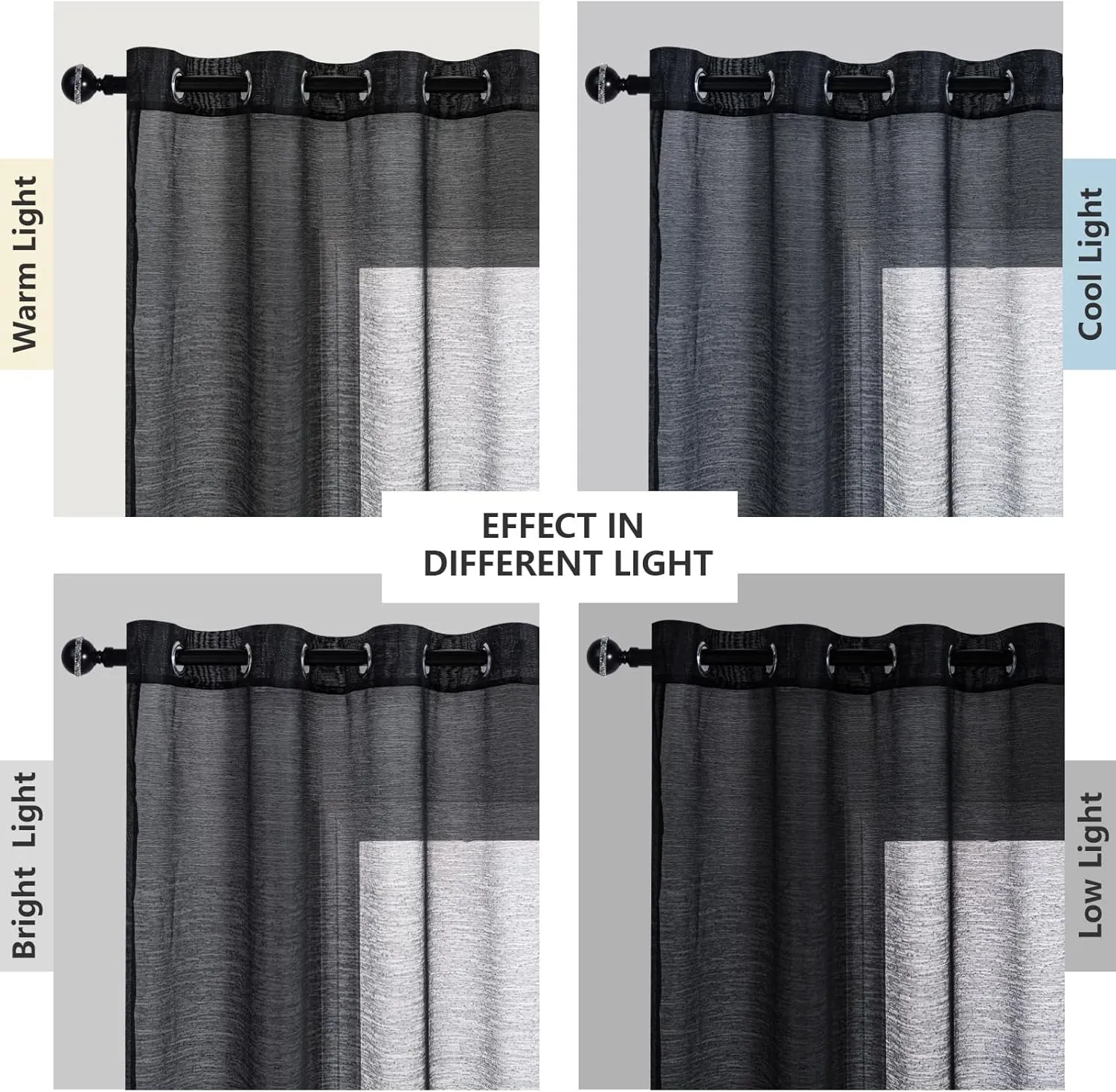 JIUZHEN Black Sheer Curtains 84 Inches Long - Semi Transparent Light Filtering Grommet Window Drapes for Living Room/Bedroom, 52Wx 84L, Set of 2 with Tiebacks