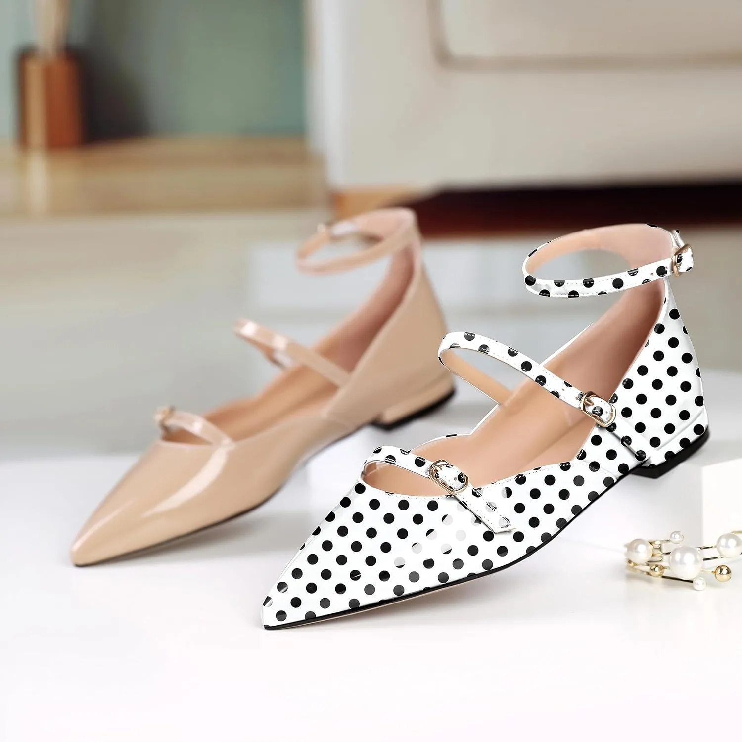 Joseywade Women's Ballet Flat Shoes Ankle Strap Mary Jane Flats Pointed Toe Ballerina Walking Flats Cute Casual Low Comfort Soft Dress Shoes