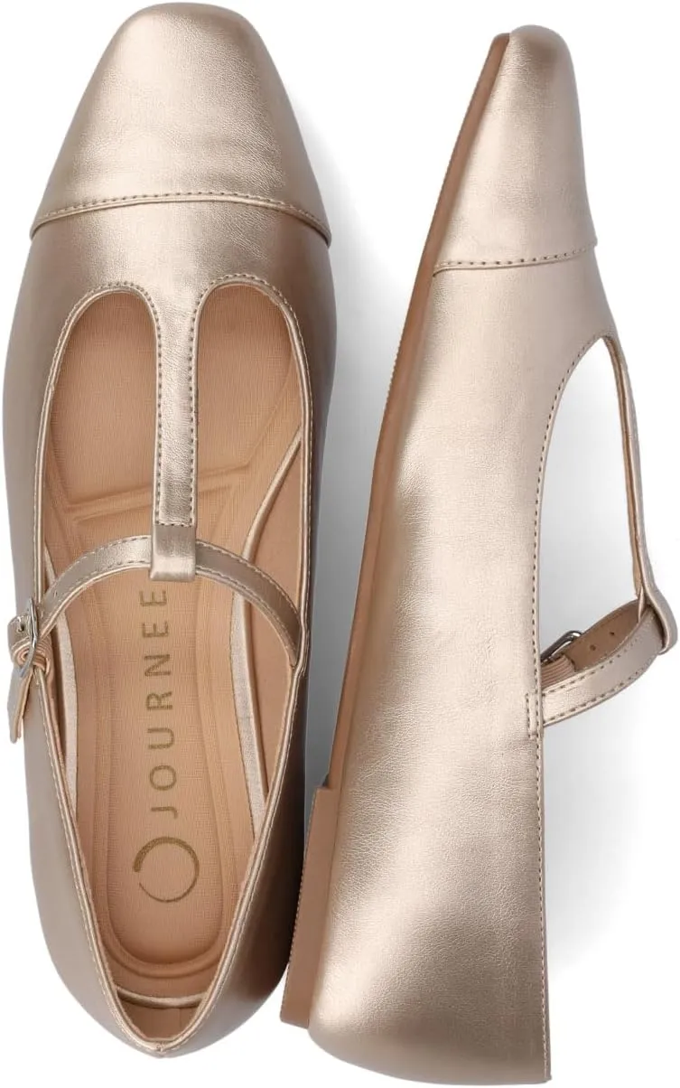 Journee Collection Womens Theah Mary Jane Buckle T-Strap Dress Flats Cushioned Two Tone Square Cap Toe Fashion Shoe