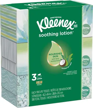 Kleenex Soothing Lotion Facial Tissues, 3 Flat Boxes, 110 Tissues per Box (330 Tissues Total), Coconut Oil, Aloe & Vitamin E