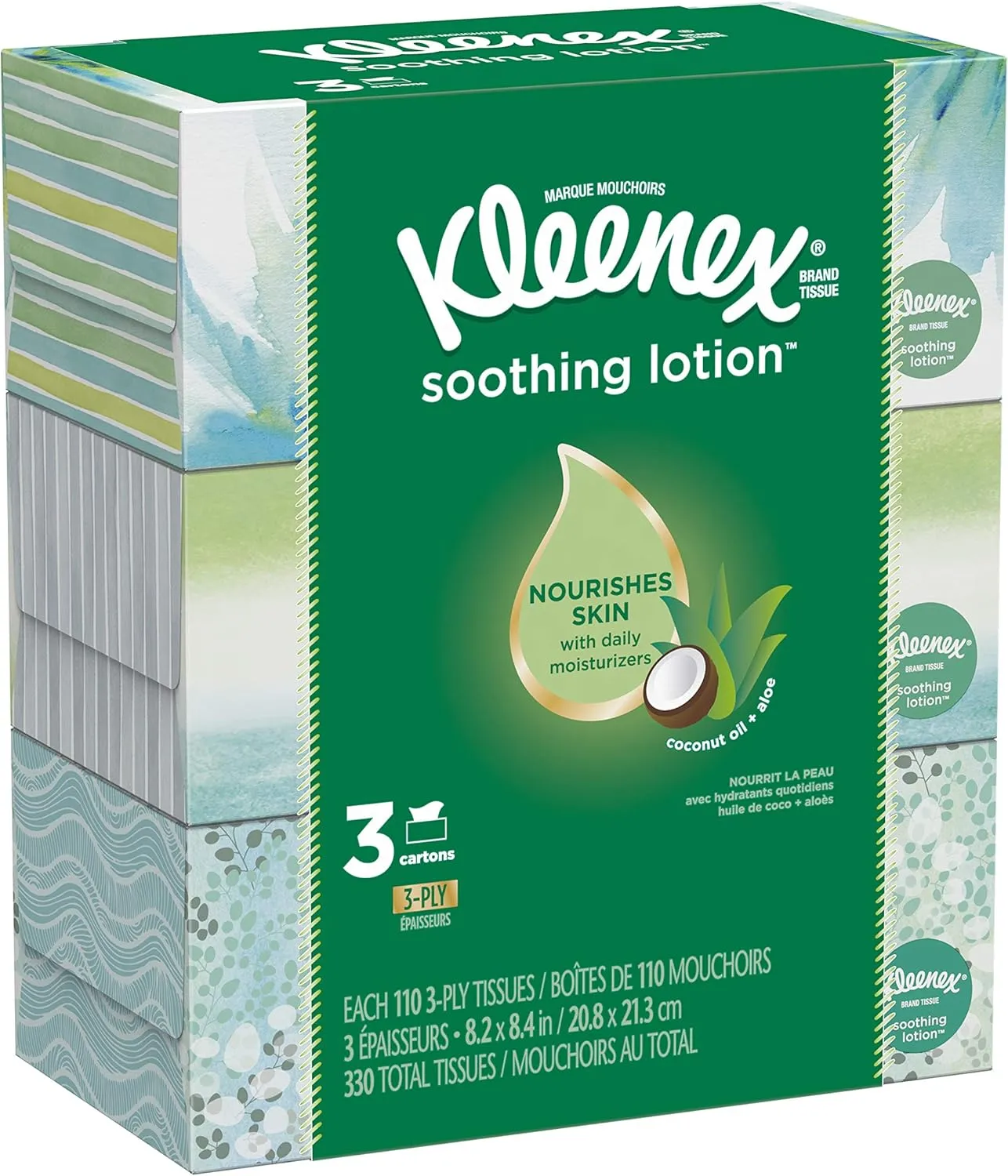 Kleenex Soothing Lotion Facial Tissues, 3 Flat Boxes, 110 Tissues per Box (330 Tissues Total), Coconut Oil, Aloe & Vitamin E