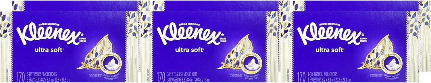 Kleenex Ultra Soft Facial Tissues, Medium Count Flat, 170 ct, 6 Pack. Designs May Vary
