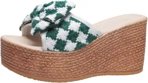 Ladies Fashion Linen Platform Wedge Open Toe Slippers,Summer Casual Bow Beach Slippers,Comfortable Platform Sandals.