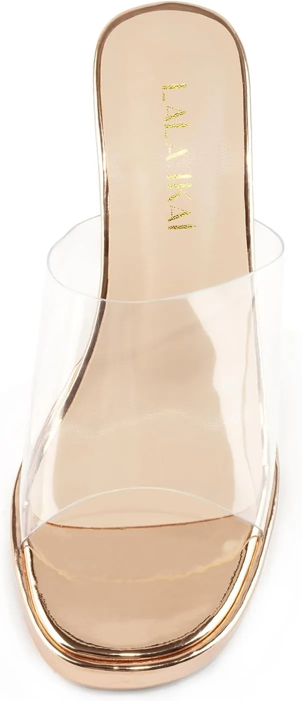 LALA IKAI Women's Clear Heels Platform Slip On Open Toe Heels Sandals Gold Nude Sliver Chunky Block Heeled Slipper Dress Shoes