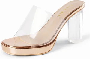 LALA IKAI Women's Clear Heels Platform Slip On Open Toe Heels Sandals Gold Nude Sliver Chunky Block Heeled Slipper Dress Shoes