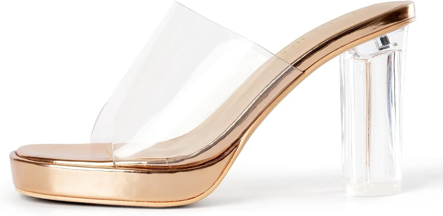 LALA IKAI Women's Clear Heels Platform Slip On Open Toe Heels Sandals Gold Nude Sliver Chunky Block Heeled Slipper Dress Shoes