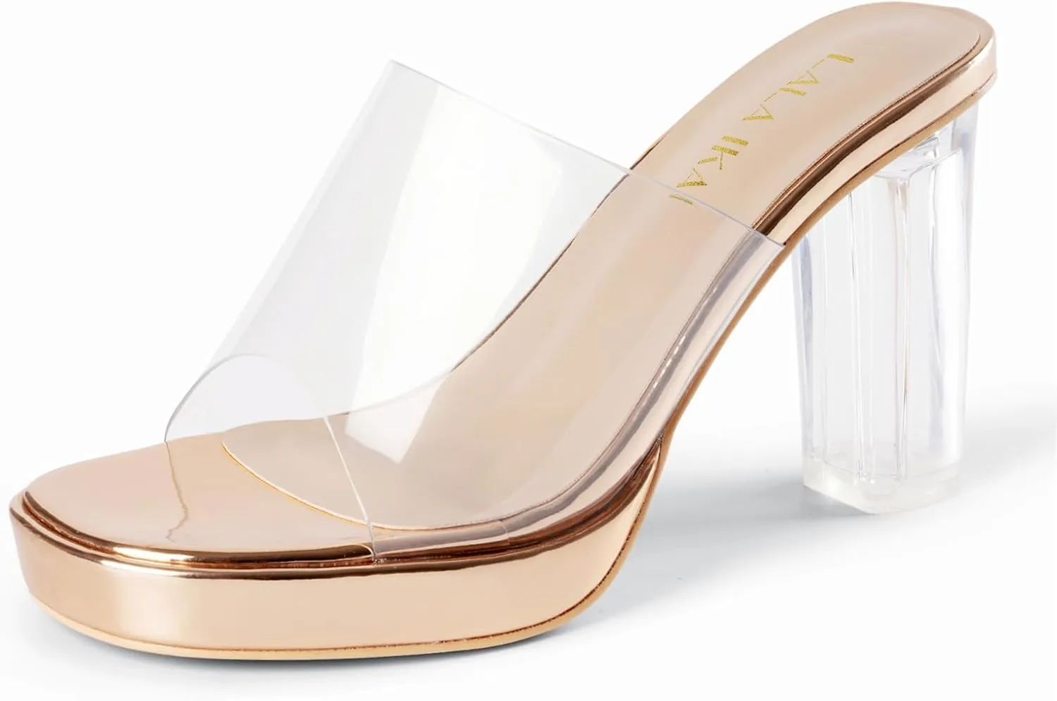 LALA IKAI Women's Clear Heels Platform Slip On Open Toe Heels Sandals Gold Nude Sliver Chunky Block Heeled Slipper Dress Shoes