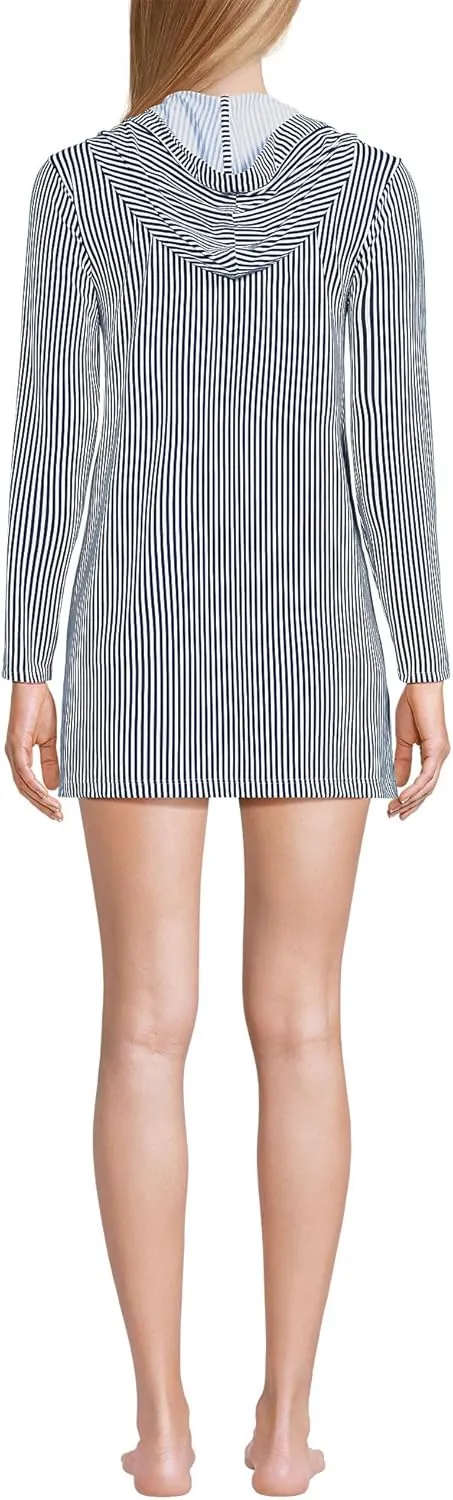 Lands' End Women's Cotton Jersey Long Sleeve Hooded Swim Cover-up Dress
