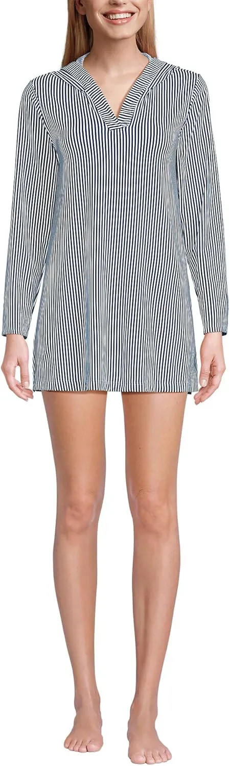 Lands' End Women's Cotton Jersey Long Sleeve Hooded Swim Cover-up Dress