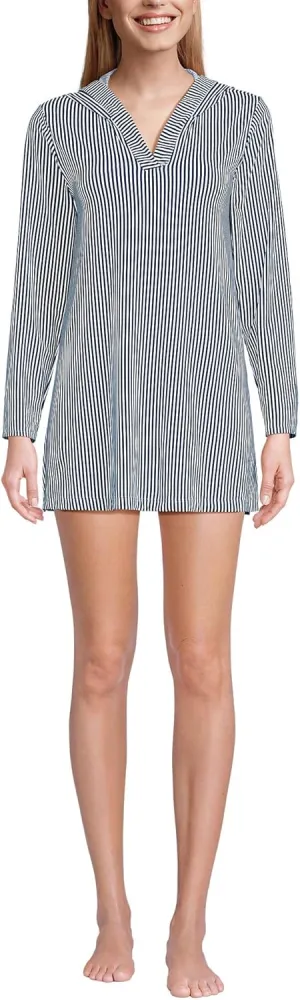 Lands' End Women's Cotton Jersey Long Sleeve Hooded Swim Cover-up Dress