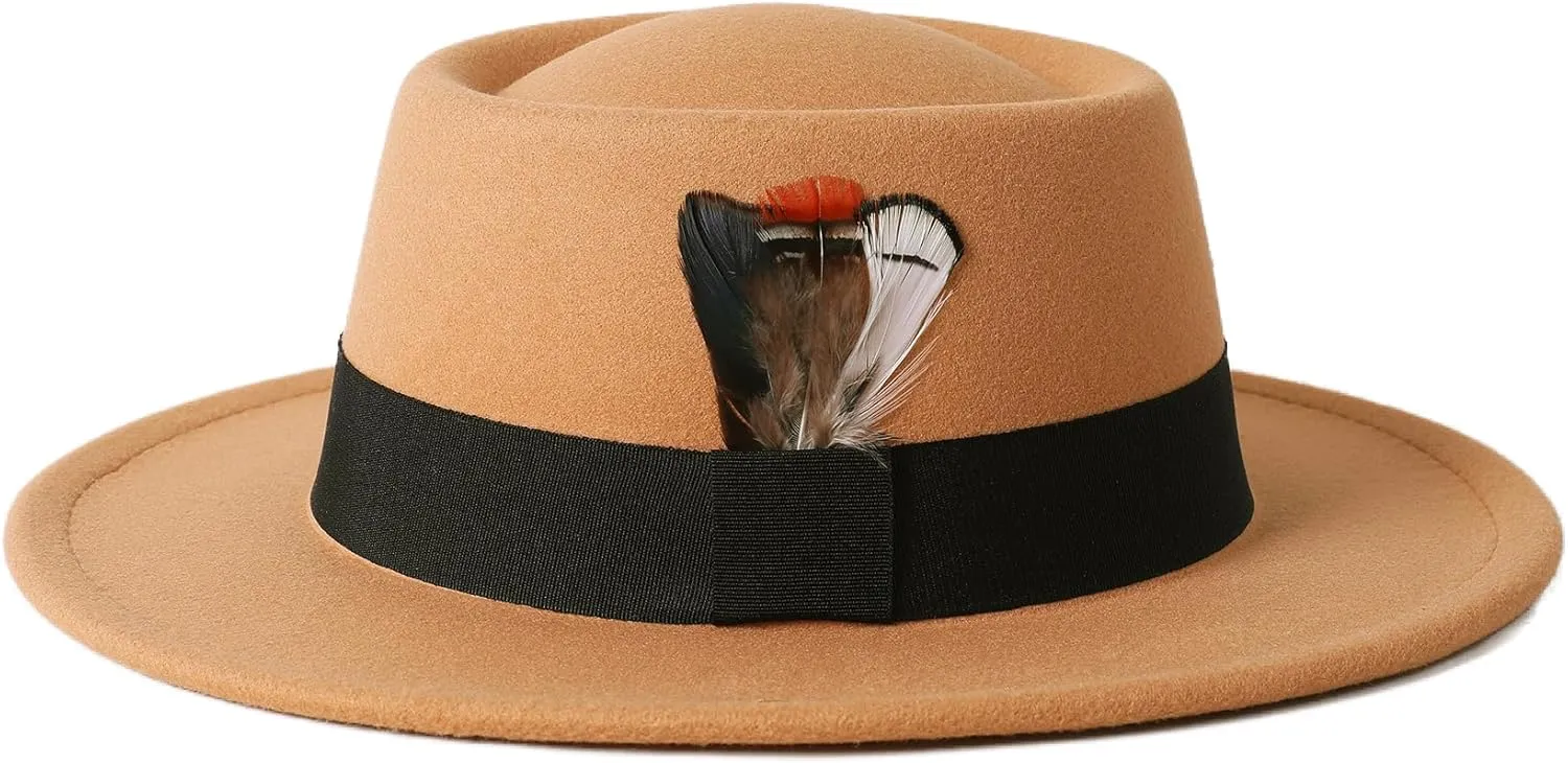 Lanzom Classic Fedora Hats for Women Flat Top Hat for Men Pork Pie Hat Wide Brim Church Boater Trilby Cap