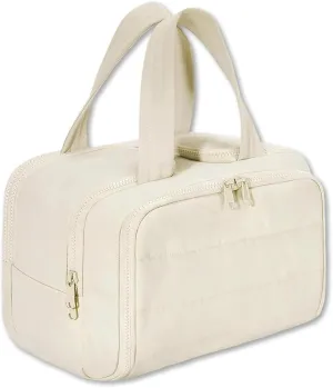Large Capacity Wide-Open Travel Cosmetic Bag, Travel Cosmetic Bag, Waterproof Portable, Dry-And-Wet Separation, Open Flat makeup Make Up Bags for Women with Divider and Handle (Beige)