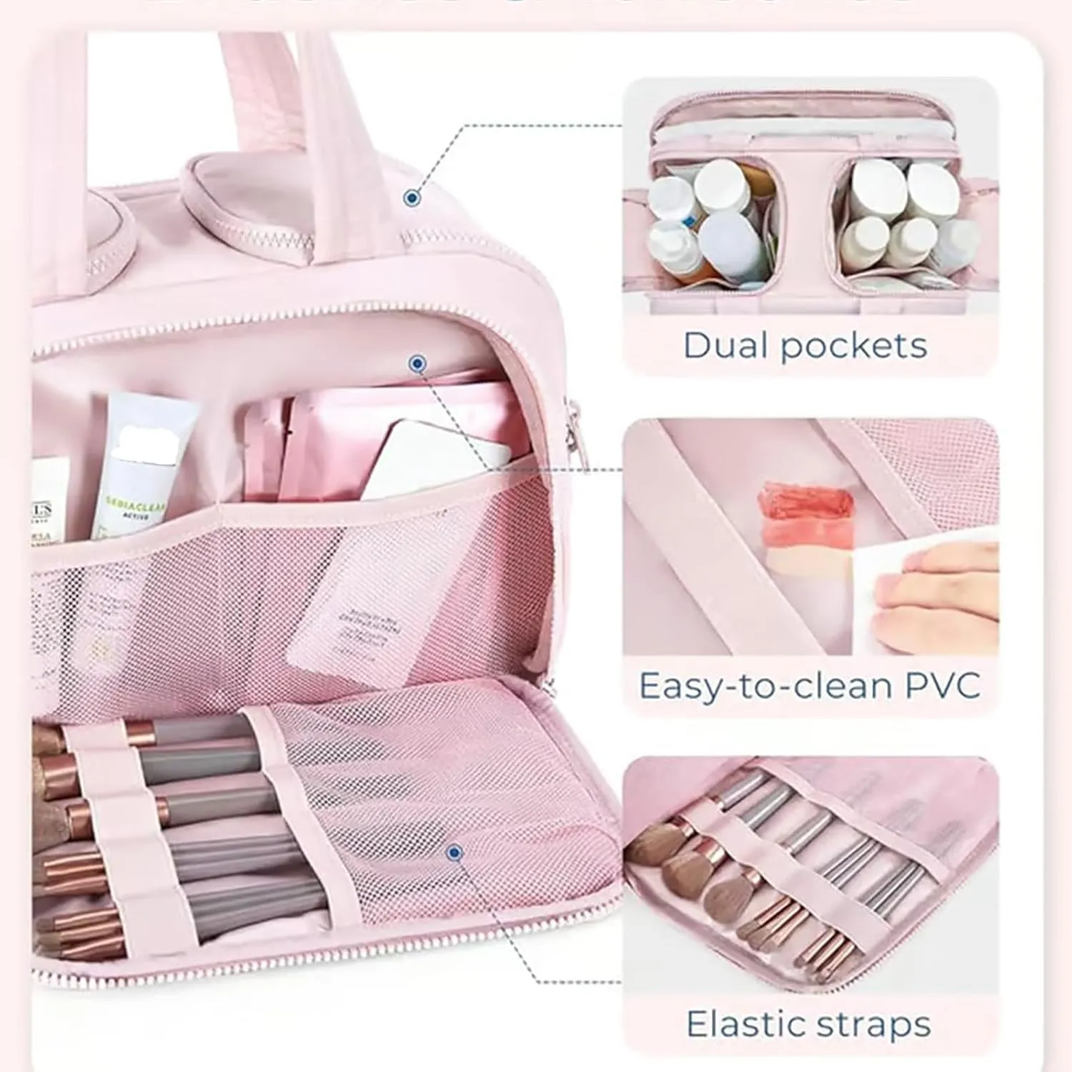 Large Capacity Wide-Open Travel Cosmetic Bag, Travel Cosmetic Bag, Waterproof Portable, Dry-And-Wet Separation, Open Flat makeup Make Up Bags for Women with Divider and Handle (Beige)