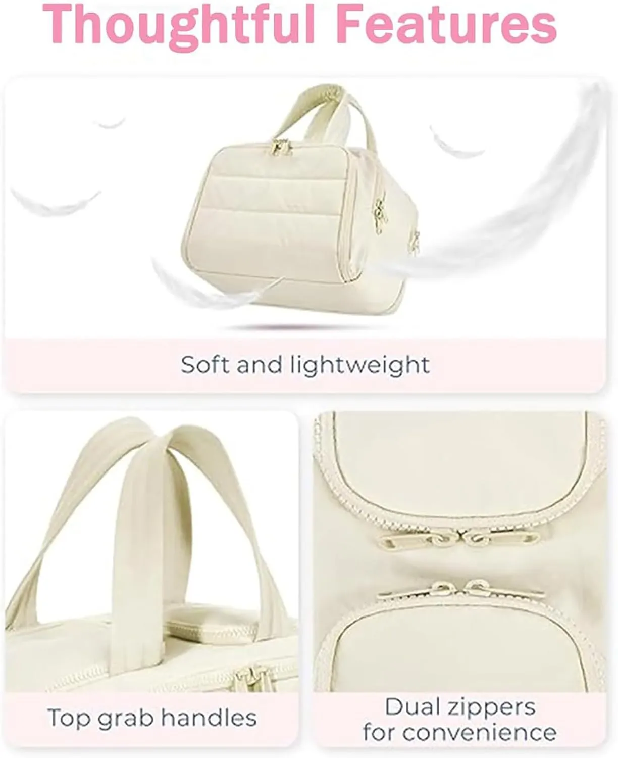 Large Capacity Wide-Open Travel Cosmetic Bag, Travel Cosmetic Bag, Waterproof Portable, Dry-And-Wet Separation, Open Flat makeup Make Up Bags for Women with Divider and Handle (Beige)