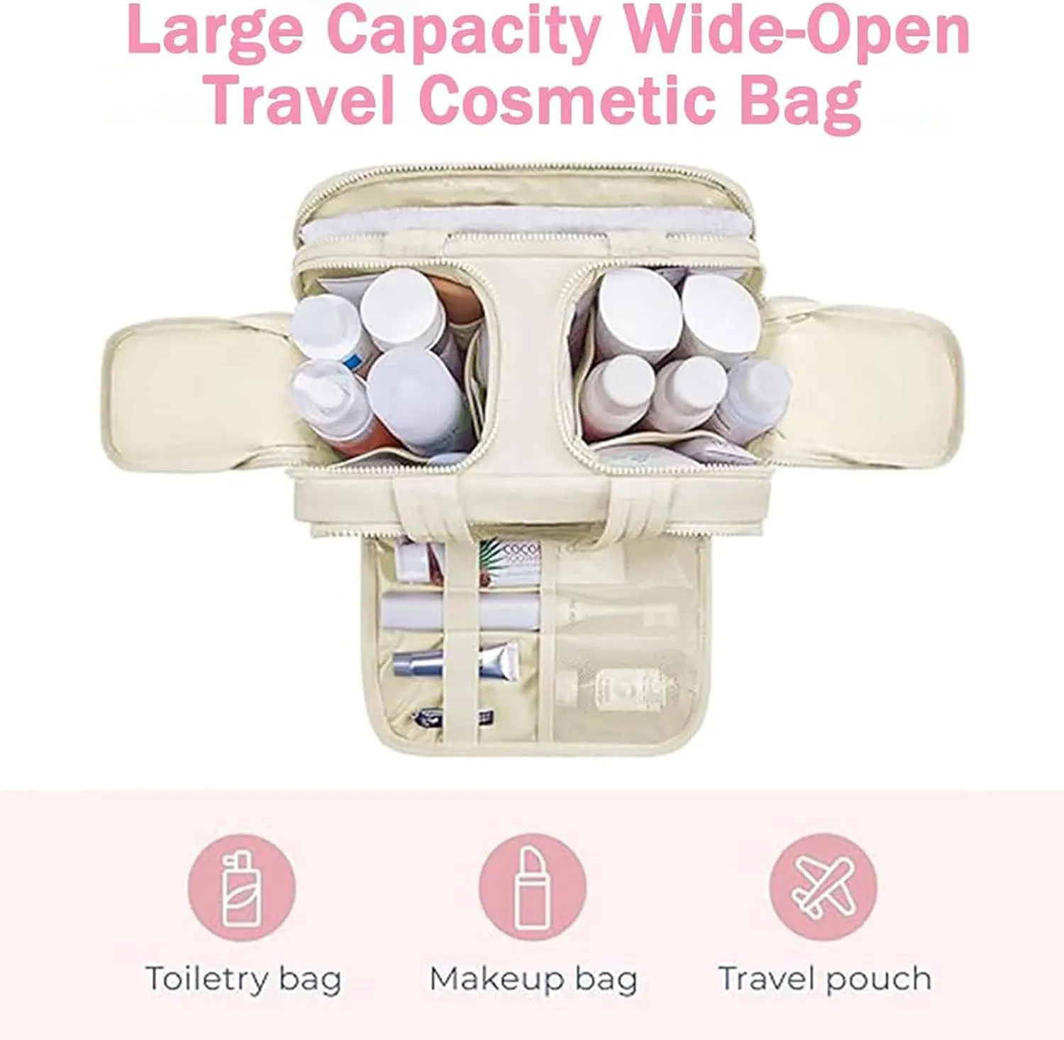 Large Capacity Wide-Open Travel Cosmetic Bag, Travel Cosmetic Bag, Waterproof Portable, Dry-And-Wet Separation, Open Flat makeup Make Up Bags for Women with Divider and Handle (Beige)