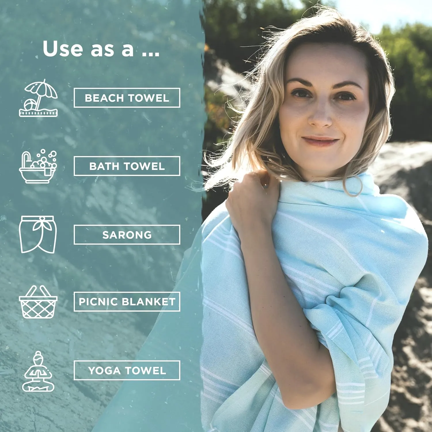 Large Turkish Beach Towel, Classic Black - Super Soft & Lightweight Quick Dry Absorbent Towels for Beach, Picnic Blanket or Bath Towel - Sand Free Organic Turkish Cotton Yarn