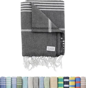 Large Turkish Beach Towel, Classic Black - Super Soft & Lightweight Quick Dry Absorbent Towels for Beach, Picnic Blanket or Bath Towel - Sand Free Organic Turkish Cotton Yarn