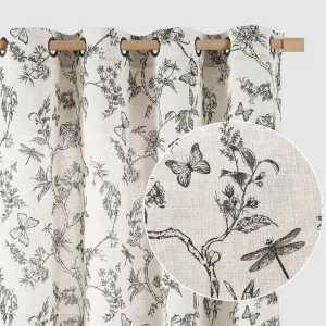 Lazzzy Linen Farmhouse Curtains Black Floral Curtains 63 Inch Length Drapes for Living Room Bedroom Pattern Light Filtering Country Vintage Curtain Grommet Top, 2 Panels, Black on Beige
