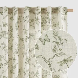 Lazzzy Linen Farmhouse Curtains Green Floral Curtains 63 Inch Length Back Tab Drapes for Living Room Bedroom Light Filtering Country Vintage Rod Pocket Curtain, 2 Panels, Green on Beige