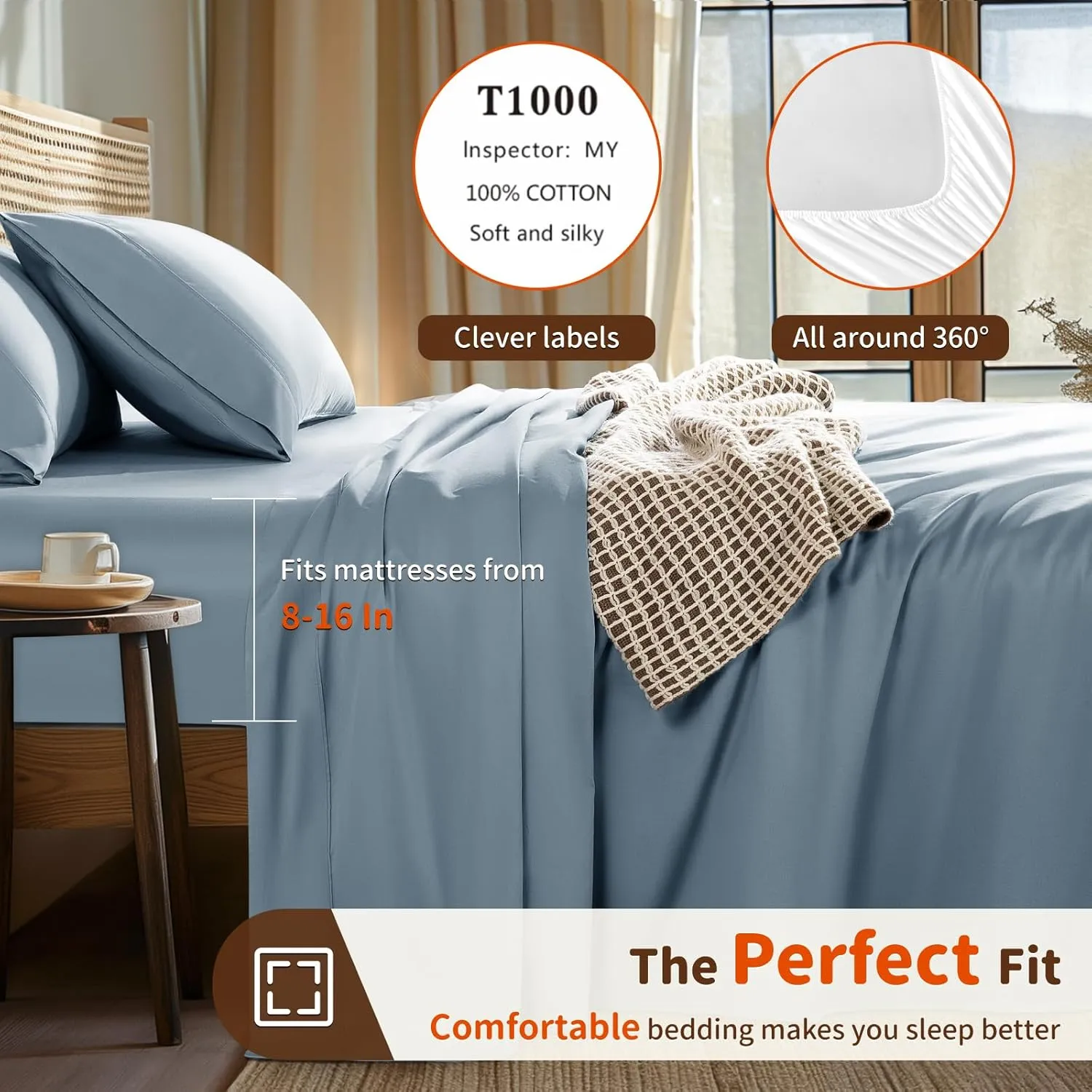 LBRO2M 1000 Thread Count 100% Egyptian Cotton Sheets Set King, 4 Piece Sets Bed Sheet Deep Pocket Sheet Set 16" Soft Comfortable All Season (King, French Blue)