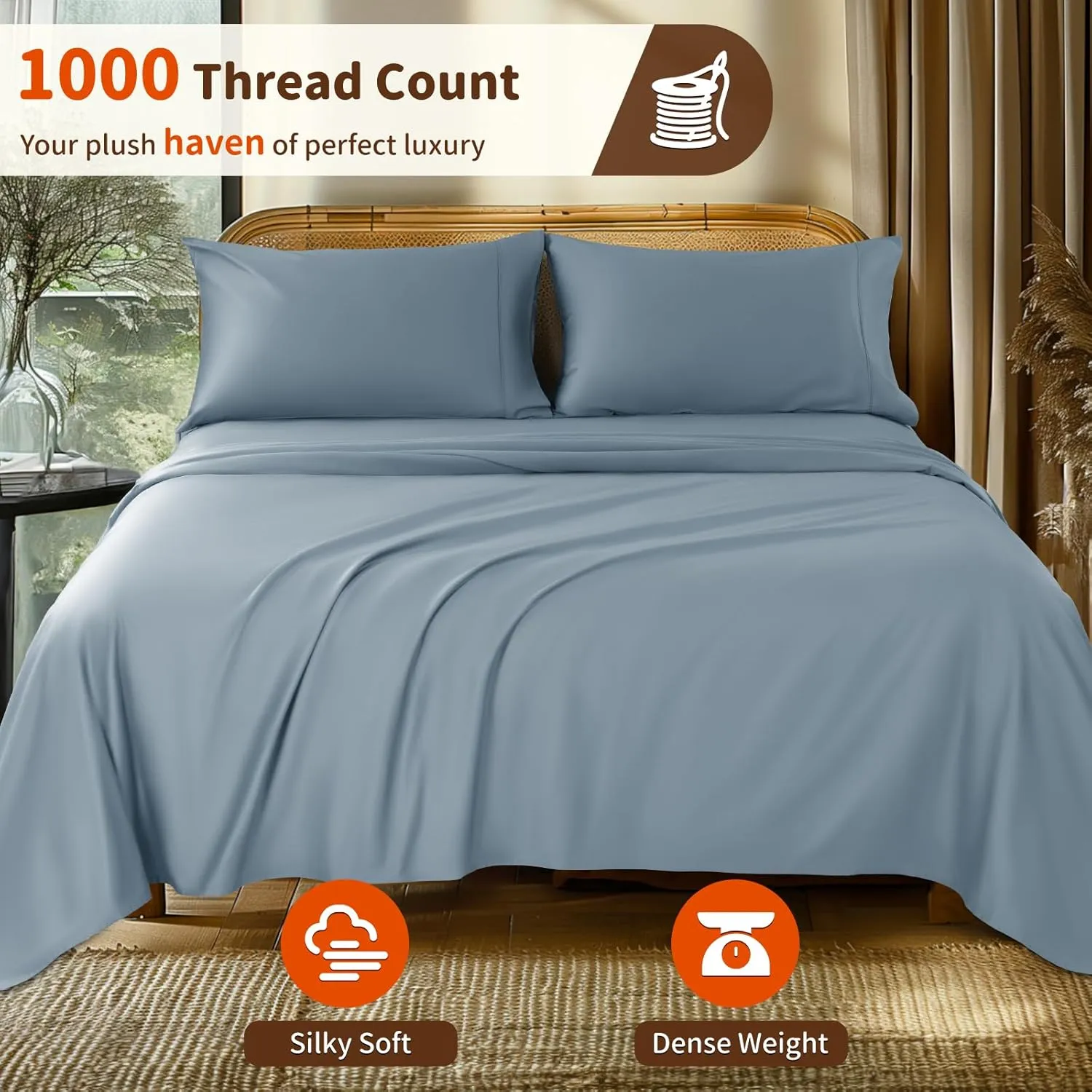 LBRO2M 1000 Thread Count 100% Egyptian Cotton Sheets Set King, 4 Piece Sets Bed Sheet Deep Pocket Sheet Set 16" Soft Comfortable All Season (King, French Blue)