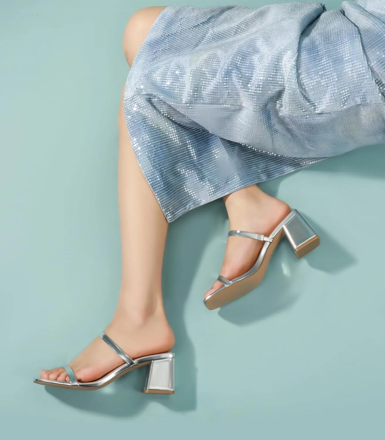 Leevar Square Toe Heeled Sandals for Women - Women's Low Block Heels Sandals - 2.25IN Open Toe Ankle Strap Chunky Heels - Slip on Heeled Sandal Mule- Nude Black Strappy Heels for Party Wedding Dress Shoes