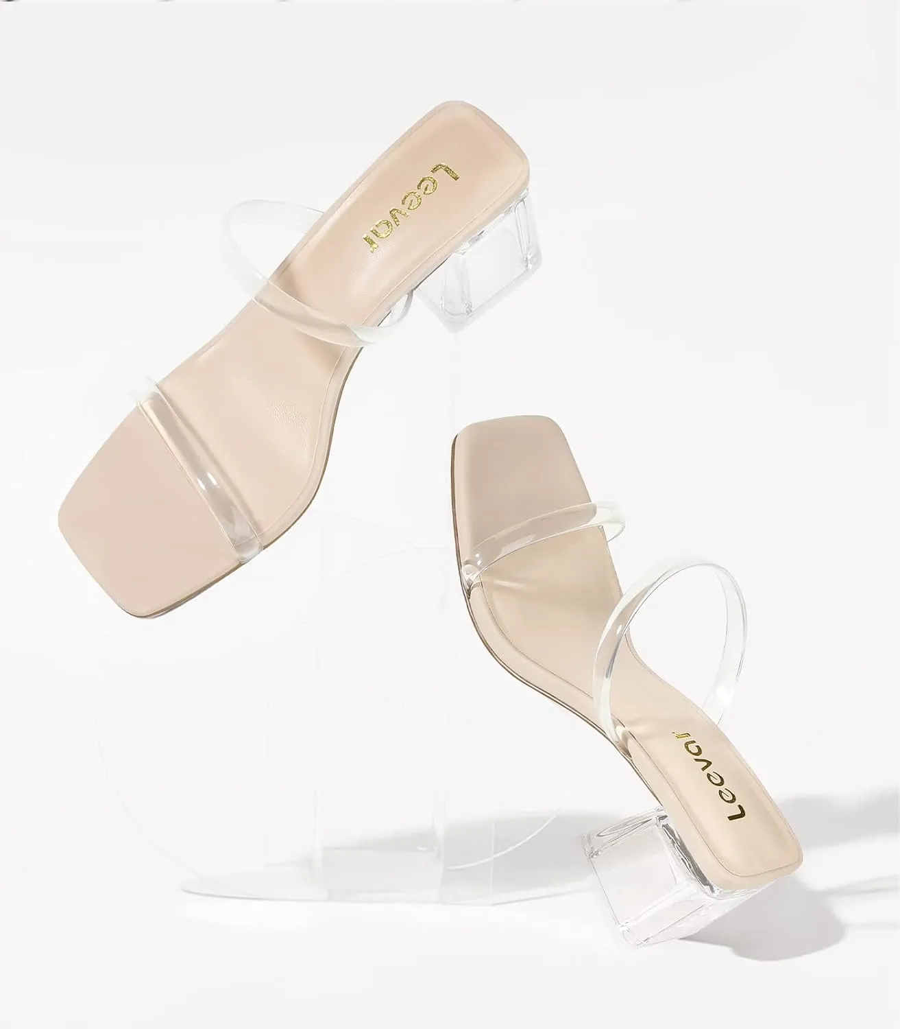 Leevar Square Toe Heeled Sandals for Women - Women's Low Block Heels Sandals - 2.25IN Open Toe Ankle Strap Chunky Heels - Slip on Heeled Sandal Mule- Nude Black Strappy Heels for Party Wedding Dress Shoes