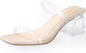 Leevar Square Toe Heeled Sandals for Women - Women's Low Block Heels Sandals - 2.25IN Open Toe Ankle Strap Chunky Heels - Slip on Heeled Sandal Mule- Nude Black Strappy Heels for Party Wedding Dress Shoes