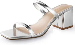 Leevar Square Toe Heeled Sandals for Women - Women's Low Block Heels Sandals - 2.25IN Open Toe Ankle Strap Chunky Heels - Slip on Heeled Sandal Mule- Nude Black Strappy Heels for Party Wedding Dress Shoes
