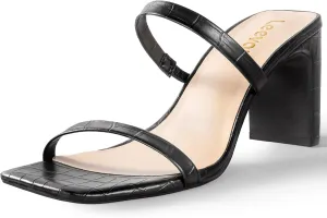 Leevar Square Toe Heels Sandals - Black Heels Chunky Two Strap Low Heels for Women Leather Mule Sandals Slip On Block Heels for Party Dating Daily Standard Size 2.75 Inch