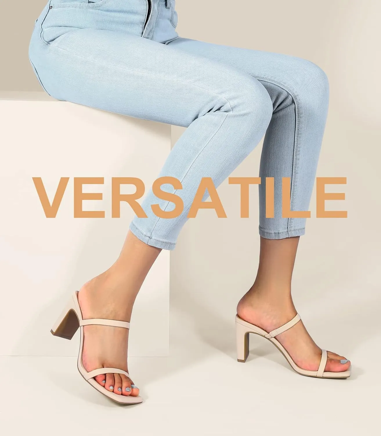 Leevar Square Toe Heels Sandals - White Black Nude Heels Chunky Two Strap Low Heels for Women Leather Mule Sandals Slip On Block Heels for Party Dating Daily Standard Size 2.75 Inch