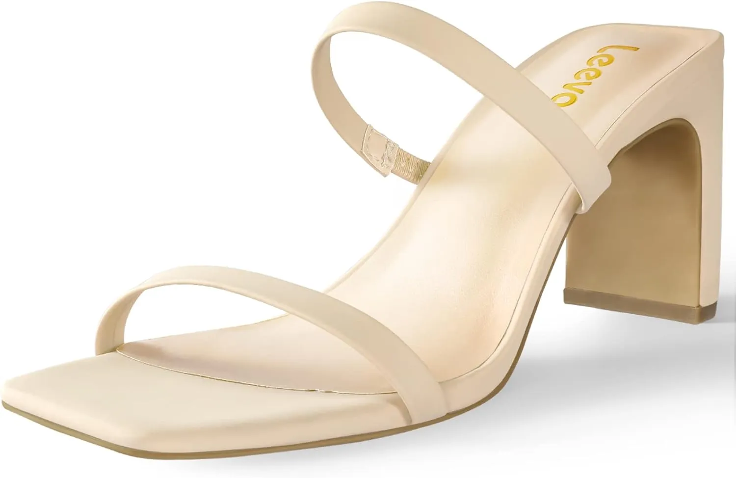 Leevar Square Toe Heels Sandals - White Black Nude Heels Chunky Two Strap Low Heels for Women Leather Mule Sandals Slip On Block Heels for Party Dating Daily Standard Size 2.75 Inch