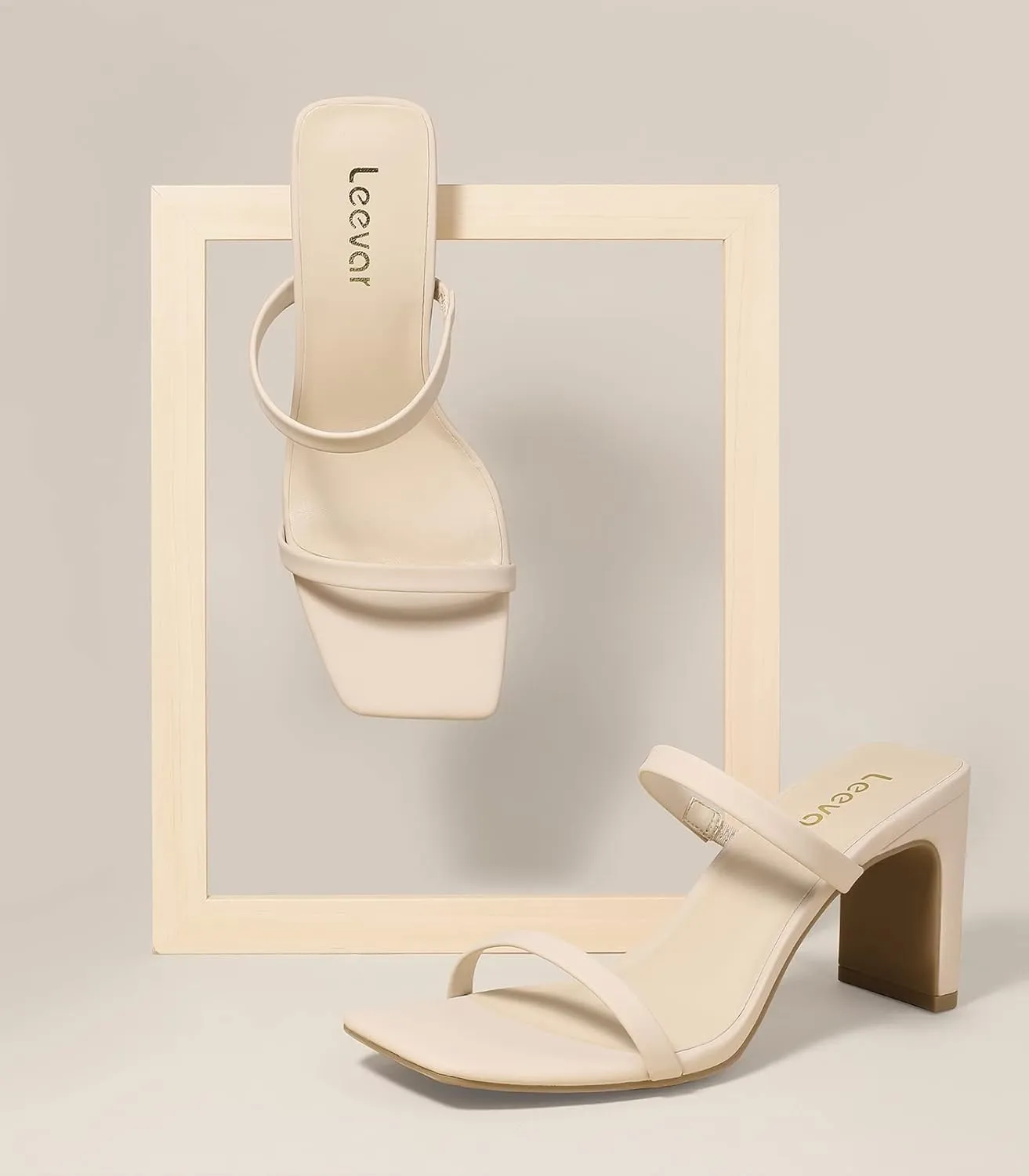 Leevar Square Toe Heels Sandals - White Black Nude Heels Chunky Two Strap Low Heels for Women Leather Mule Sandals Slip On Block Heels for Party Dating Daily Standard Size 2.75 Inch